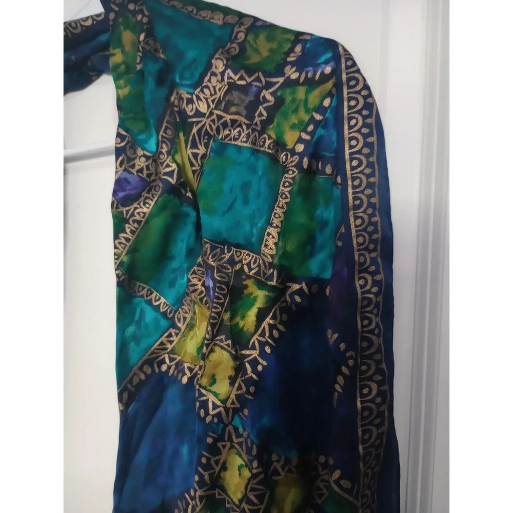 Perry Ellis Silk Scarf 15.5 x 58 Blue Green Abstract‎ Geometric Gold Border...
